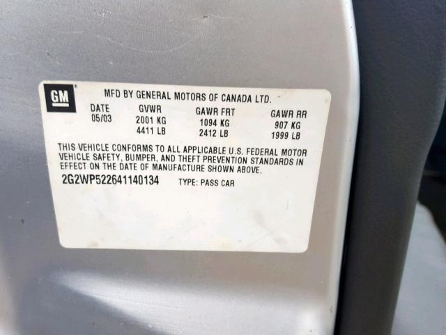 2G2WP522641140134 - 2004 PONTIAC GRAND PRIX SILVER photo 10