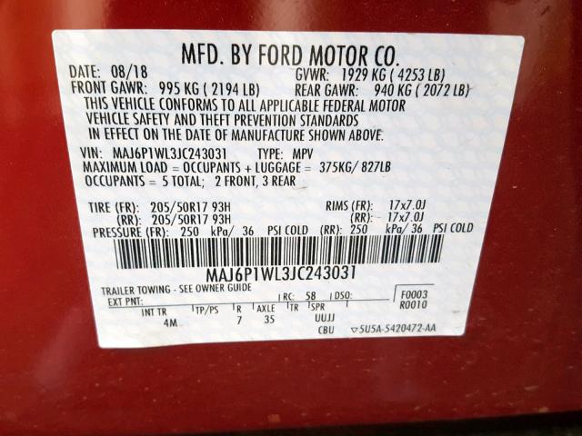 MAJ6P1WL3JC243031 - 2018 FORD ECOSPORT T MAROON photo 10