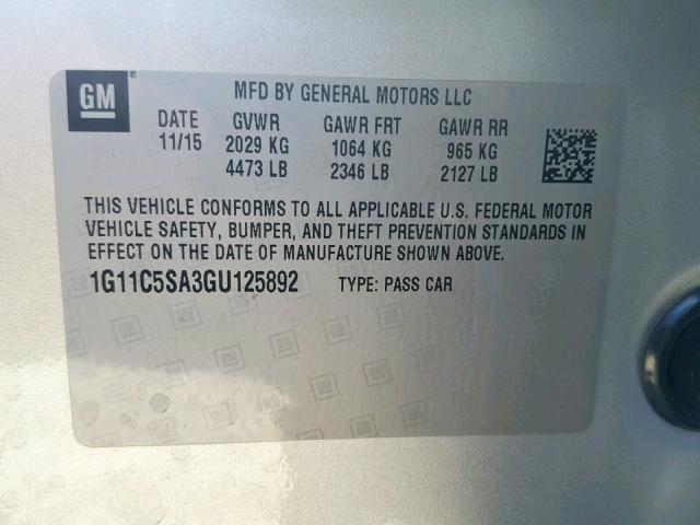 1G11C5SA3GU125892 - 2016 CHEVROLET MALIBU LIM 灰色 照片 10