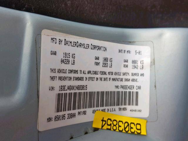 1B3EJ46XX1N683815 - 2001 DODGE STRATUS SE BLUE photo 10