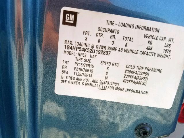 1G4HP54K52U192837 - 2002 BUICK LESABRE CU BLUE photo 10