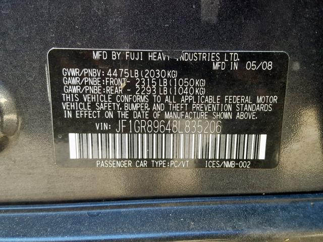 JF1GR89648L835206 - 2008 SUBARU IMPREZA WR GRAY photo 10