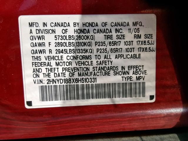 2HNYD188X6H510331 - 2006 ACURA MDX TOURIN MAROON photo 10