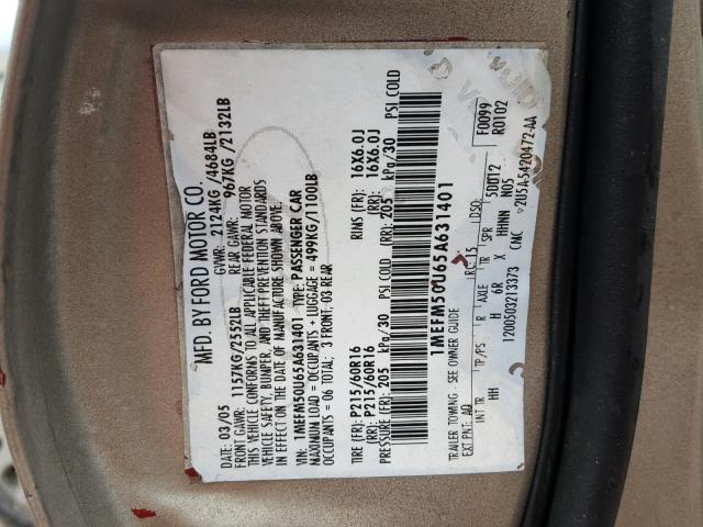 1MEFM50U65A631401 - 2005 MERCURY SABLE GS TAN photo 10