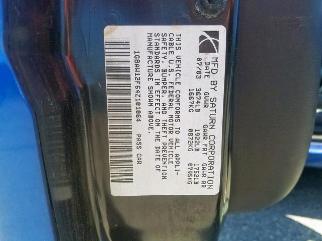 1G8AW12F64Z101064 - 2004 SATURN ION LEVEL BLUE photo 10