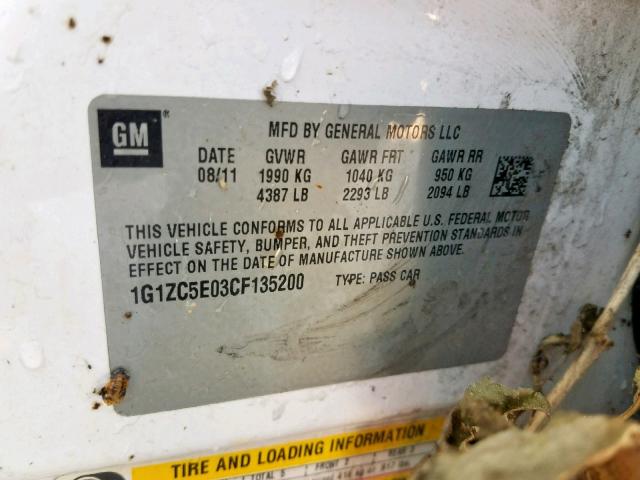 1G1ZC5E03CF135200 - 2012 CHEVROLET MALIBU 1LT 白色 照片 10