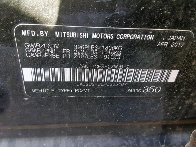 JA32U2FU6HU605467 - 2017 MITSUBISHI LANCER ES BLACK photo 10