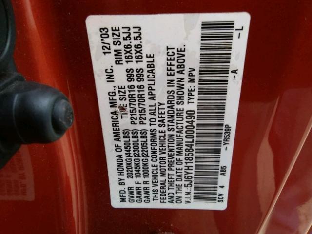 5J6YH18584L000490 - 2004 HONDA ELEMENT EX ORANGE photo 10