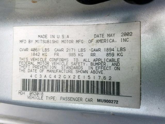 4C3AG42GX2E151762 - 2002 CHRYSLER SEBRING LX SILVER photo 10