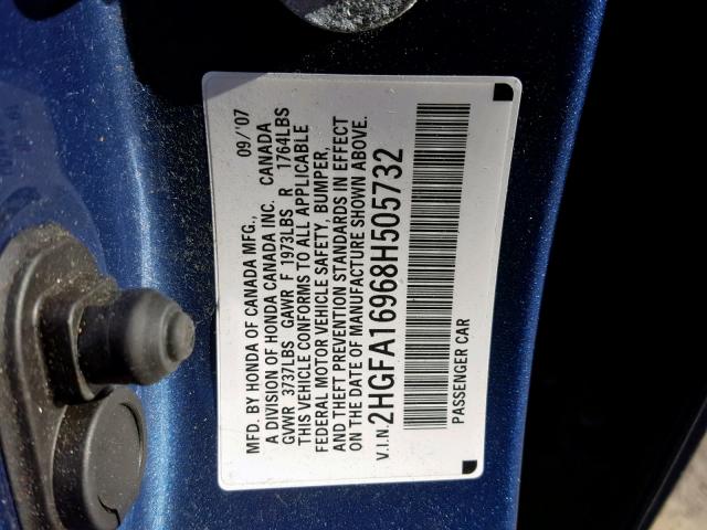 2HGFA16968H505732 - 2008 HONDA CIVIC EXL 蓝色 照片 10