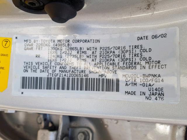 JTEGF21A120065146 - 2002 TOYOTA HIGHLANDER SILVER photo 10