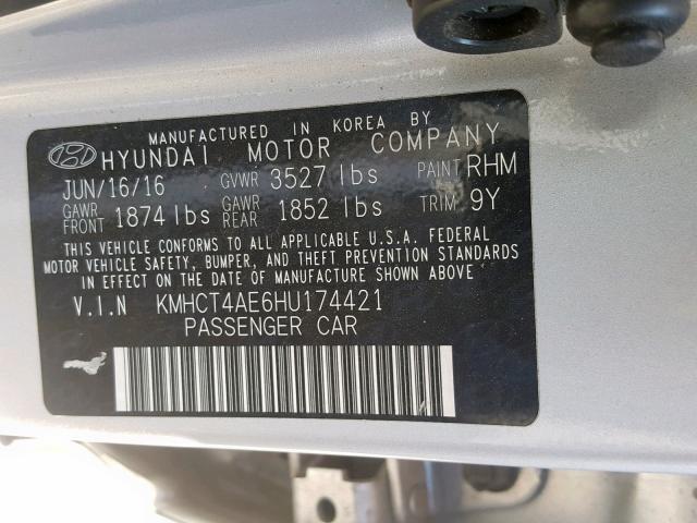 KMHCT4AE6HU174421 - 2017 HYUNDAI ACCENT SE SILVER photo 10