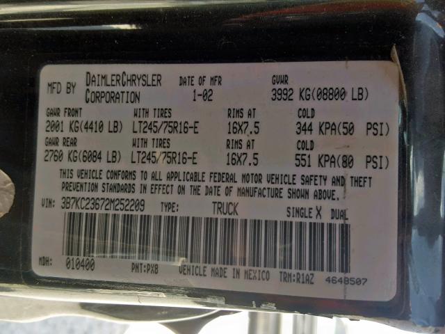 3B7KC23672M252209 - 2002 DODGE RAM 2500 BLACK photo 10