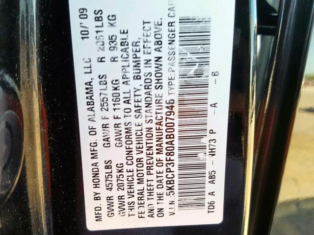 5KBCP3F80AB007946 - 2010 HONDA ACCORD EXL BLACK photo 10