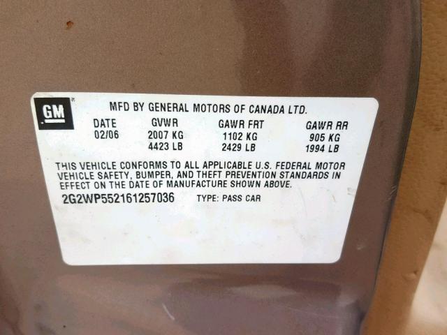 2G2WP552161257036 - 2006 PONTIAC GRAND PRIX TAN photo 10