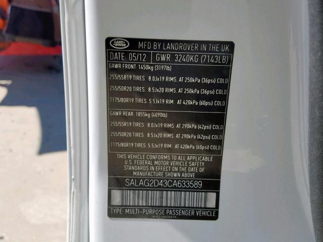 SALAG2D43CA633589 - 2012 LAND ROVER LR4 HSE WHITE photo 10