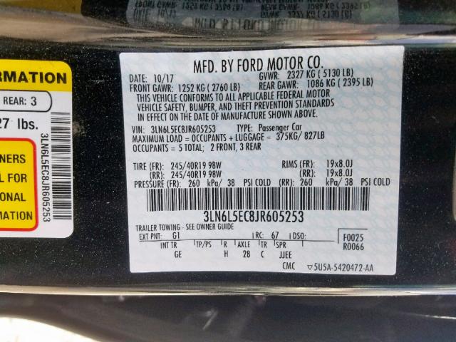 3LN6L5EC8JR605253 - 2018 LINCOLN MKZ RESERV BLACK photo 10