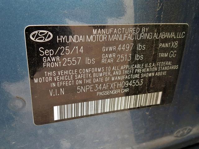 5NPE34AFXFH094553 - 2015 HYUNDAI SONATA SPO BLUE photo 10