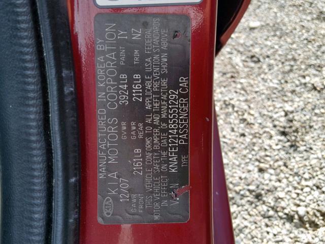 KNAFE121485551292 - 2008 KIA SPECTRA EX RED photo 10