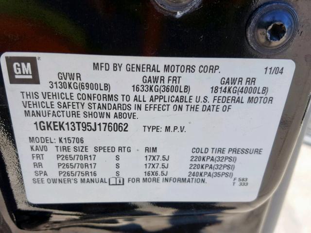 1GKEK13T95J176062 - 2005 GMC YUKON BLACK photo 10