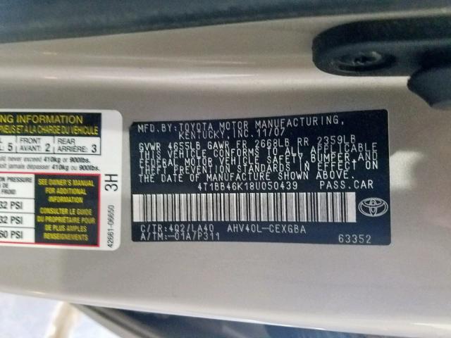 4T1BB46K18U050439 - 2008 TOYOTA CAMRY HYBR BEIGE photo 10