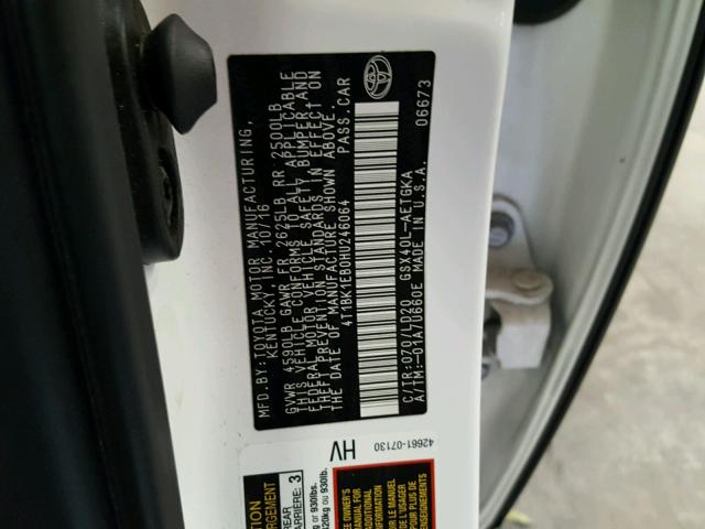 4T1BK1EB0HU246064 - 2017 TOYOTA AVALON XLE WHITE photo 10