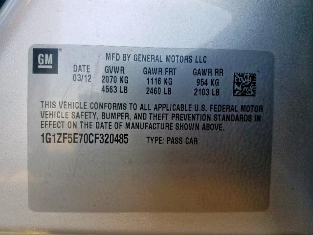 1G1ZF5E70CF320485 - 2012 CHEVROLET MALIBU 3LT ვერცხლისფერი ფოტო 10