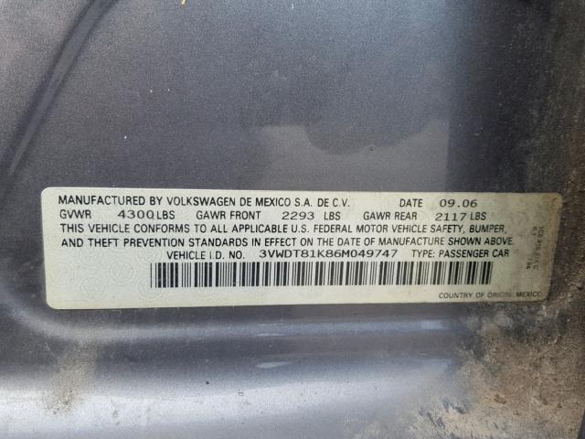 3VWDT81K86M049747 - 2006 VOLKSWAGEN JETTA TDI GRAY photo 10