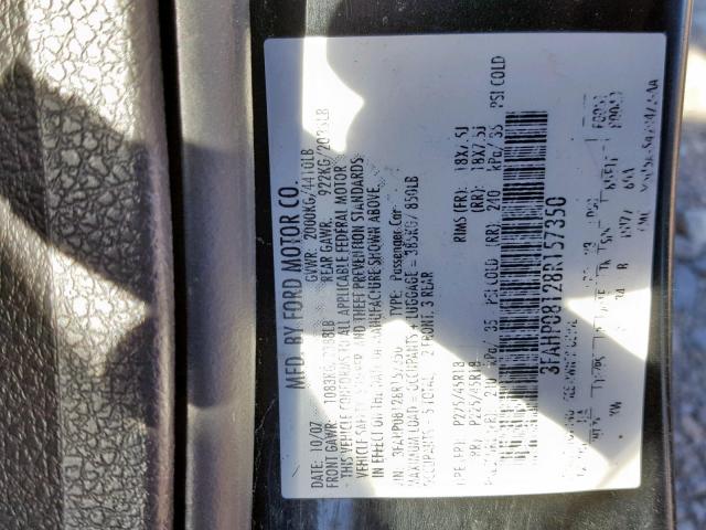 3FAHP08128R157350 - 2008 FORD FUSION SEL BLACK photo 10