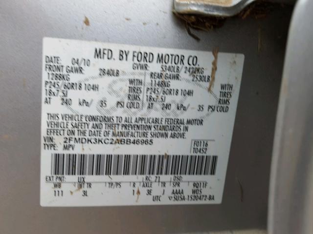 2FMDK3KC2ABB46965 - 2010 FORD EDGE LIMIT SILVER photo 10