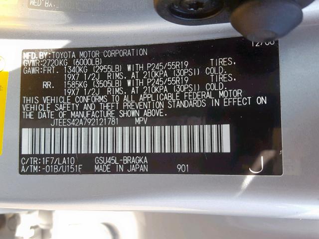 JTEES42A792121781 - 2009 TOYOTA HIGHLANDER SILVER photo 10