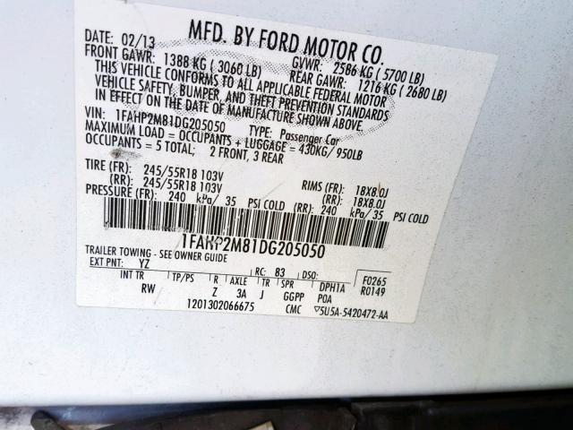 1FAHP2M81DG205050 - 2013 FORD TAURUS POL WHITE photo 10