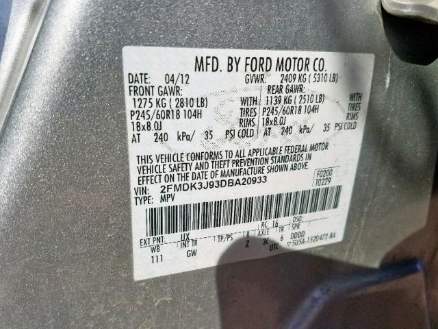 2FMDK3J93DBA20933 - 2013 FORD EDGE SEL SILVER photo 10