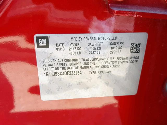 1G11J5SX4DF233254 - 2013 CHEVROLET MALIBU LTZ წითელი ფოტო 10