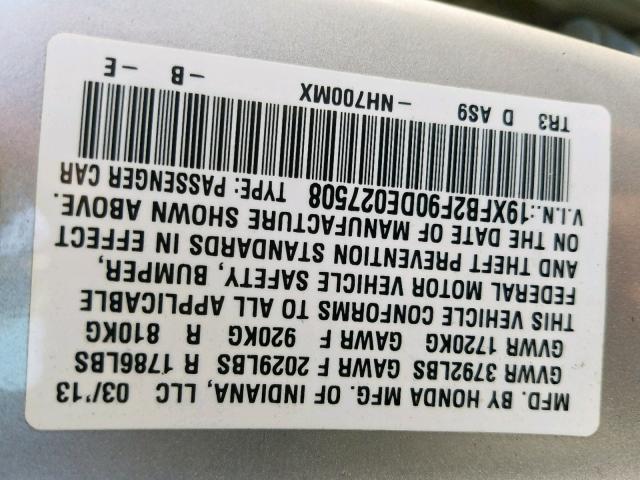 19XFB2F90DE027508 - 2013 HONDA CIVIC EXL 灰色 照片 10