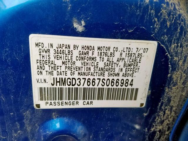 JHMGD37667S066984 - 2007 HONDA FIT S 蓝色 照片 10