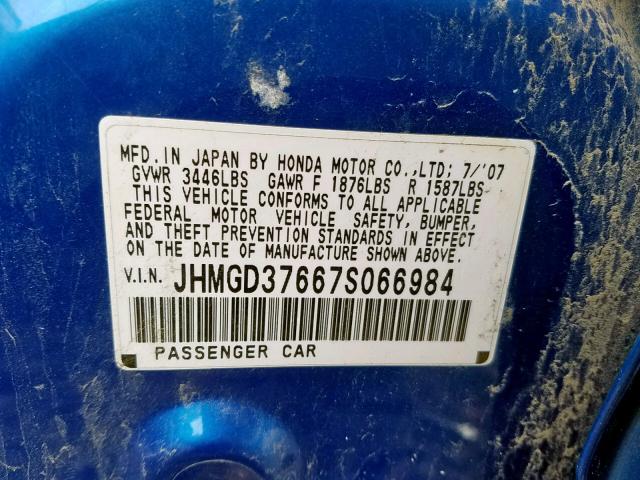 JHMGD37667S066984 - 2007 HONDA FIT S BLUE photo 10