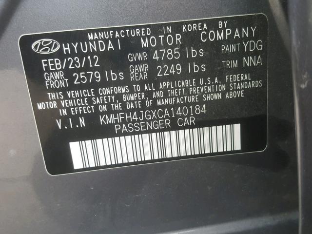 KMHFH4JGXCA140184 - 2012 HYUNDAI AZERA GLS GRAY photo 10