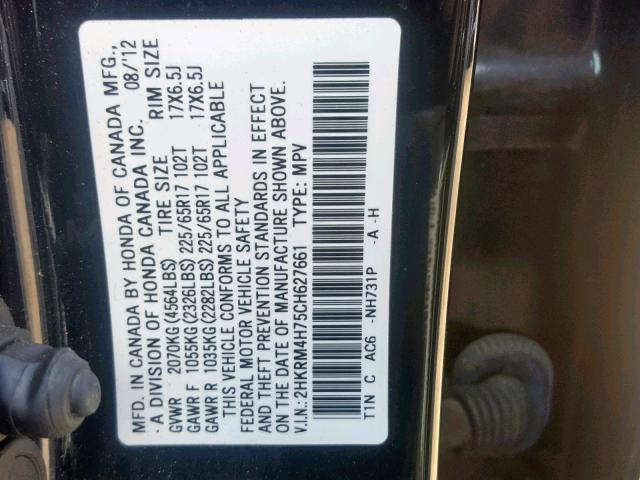 2HKRM4H75CH627661 - 2012 HONDA CR-V EXL BLACK photo 10