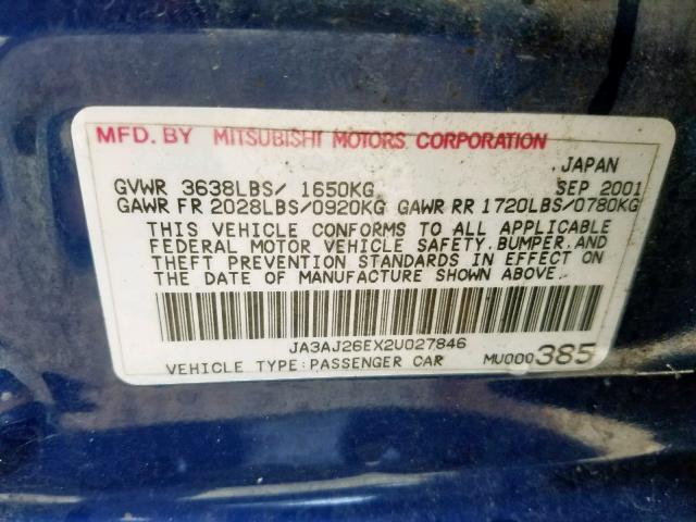 JA3AJ26EX2U027846 - 2002 MITSUBISHI LANCER ES BLUE photo 10