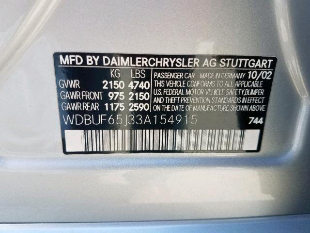 WDBUF65J33A154915 - 2003 MERCEDES-BENZ E 320 SILVER photo 10