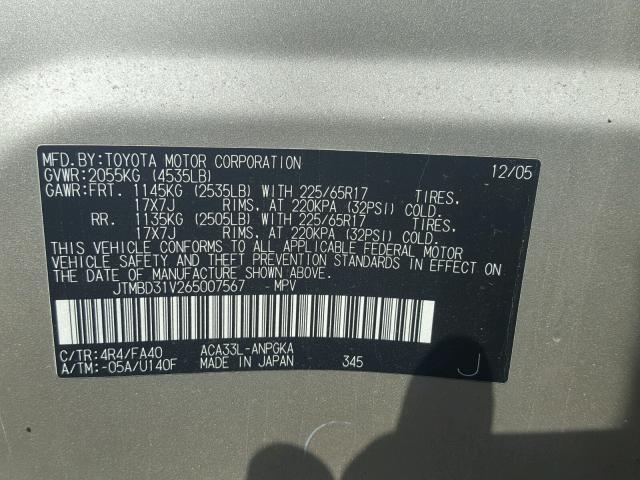 JTMBD31V265007567 - 2006 TOYOTA RAV4 LIMIT GREEN photo 10