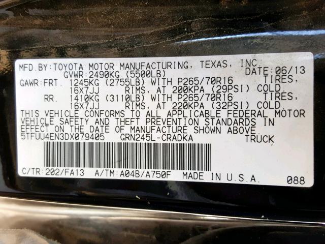 5TFUU4EN3DX079405 - 2013 TOYOTA TACOMA BLACK photo 10