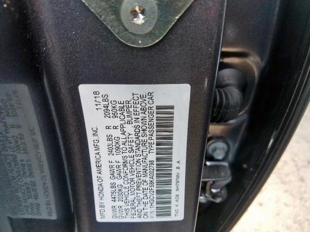 1HGCV2F58KA002798 - 2019 HONDA ACCORD EXL GRAY photo 10