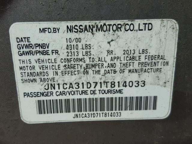 JN1CA31D71T814033 - 2001 NISSAN MAXIMA GXE GRAY photo 10