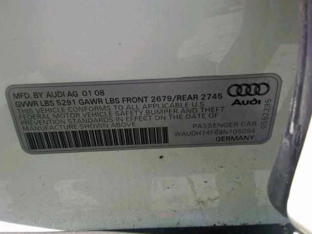 WAUDH74F68N105056 - 2008 AUDI A6 3.2 QUA WHITE photo 10