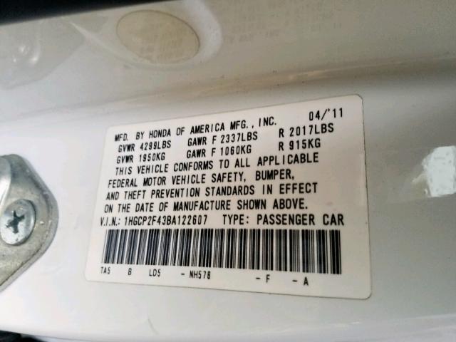 1HGCP2F43BA122607 - 2011 HONDA ACCORD LXP WHITE photo 10