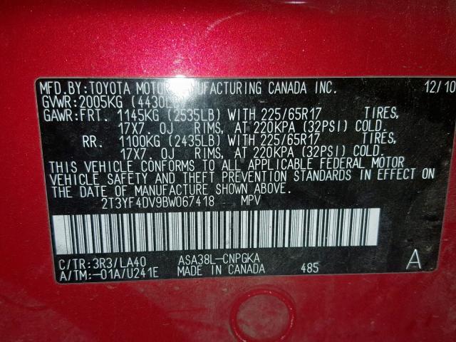 2T3YF4DV9BW067418 - 2011 TOYOTA RAV4 LIMIT RED photo 10