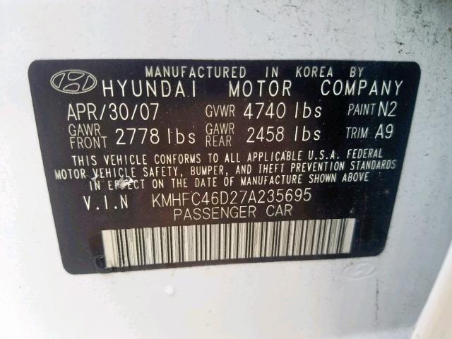 KMHFC46D27A235695 - 2007 HYUNDAI AZERA GLS WHITE photo 10