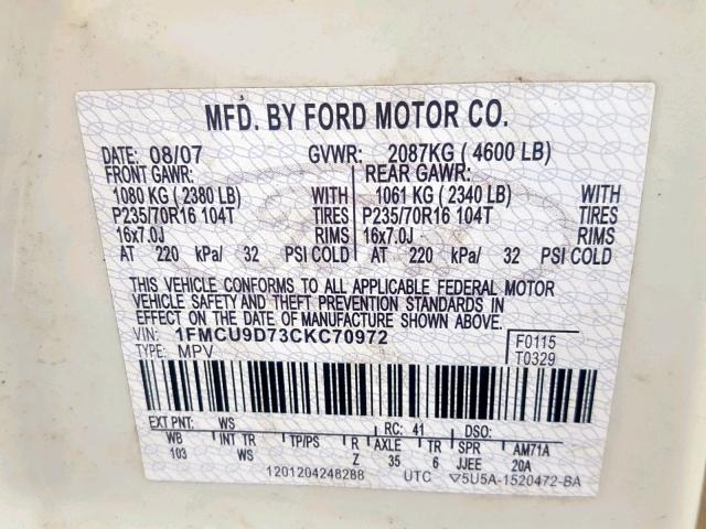 1FMCU9D73CKC70972 - 2012 FORD ESCAPE XLT WHITE photo 10